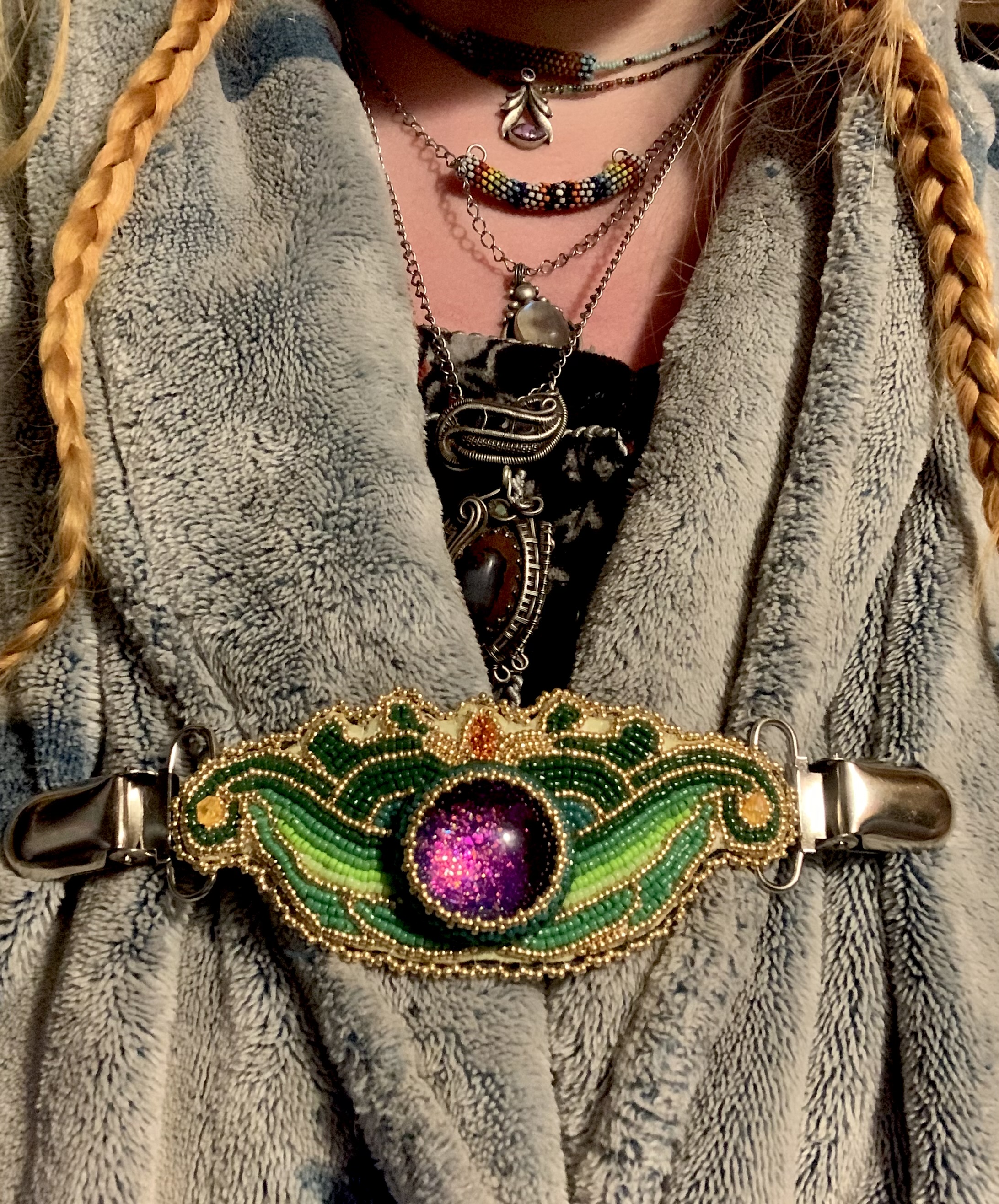 Green machine beaded cardigan clasp