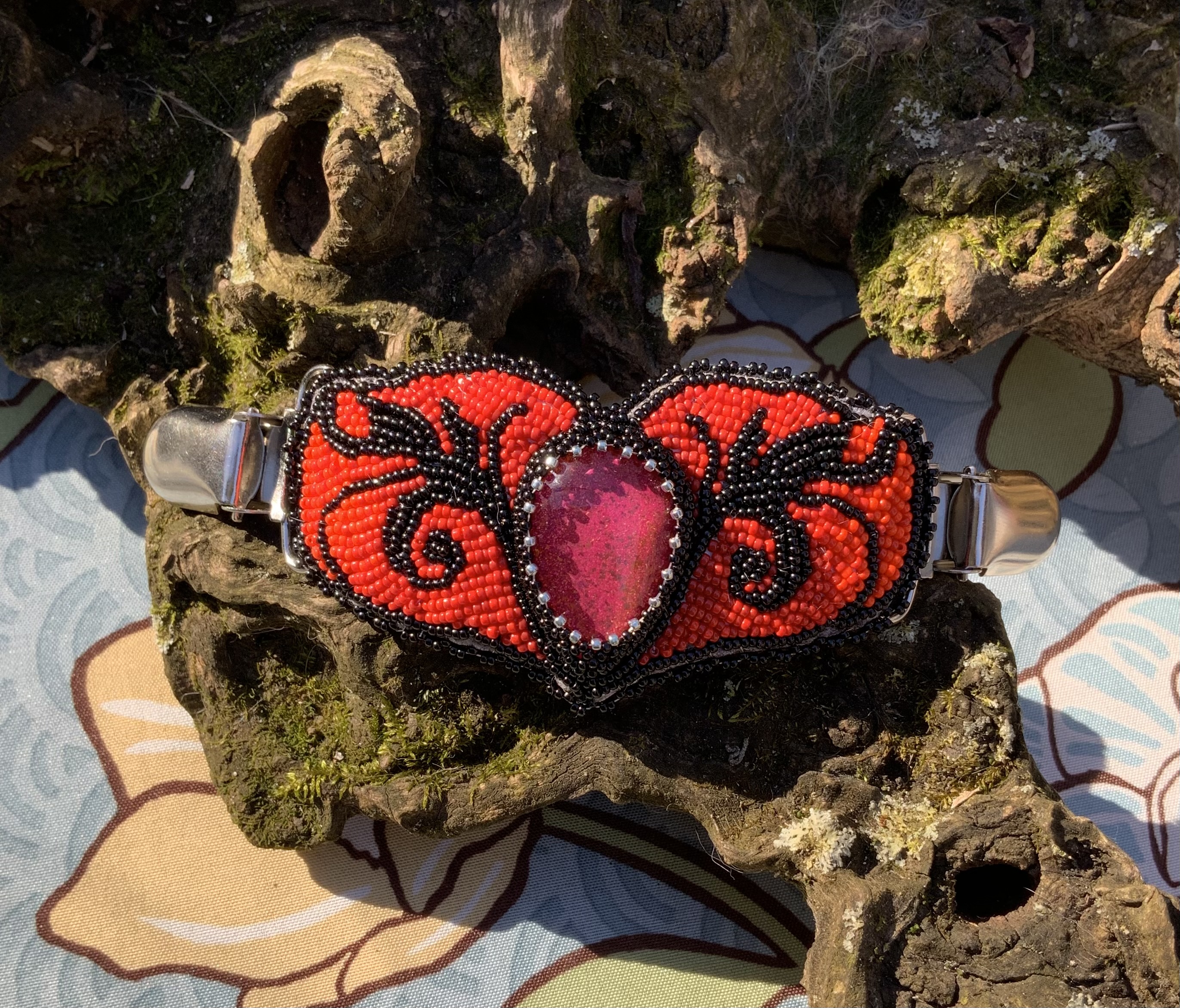 Red filigree beaded cardigan clasp 