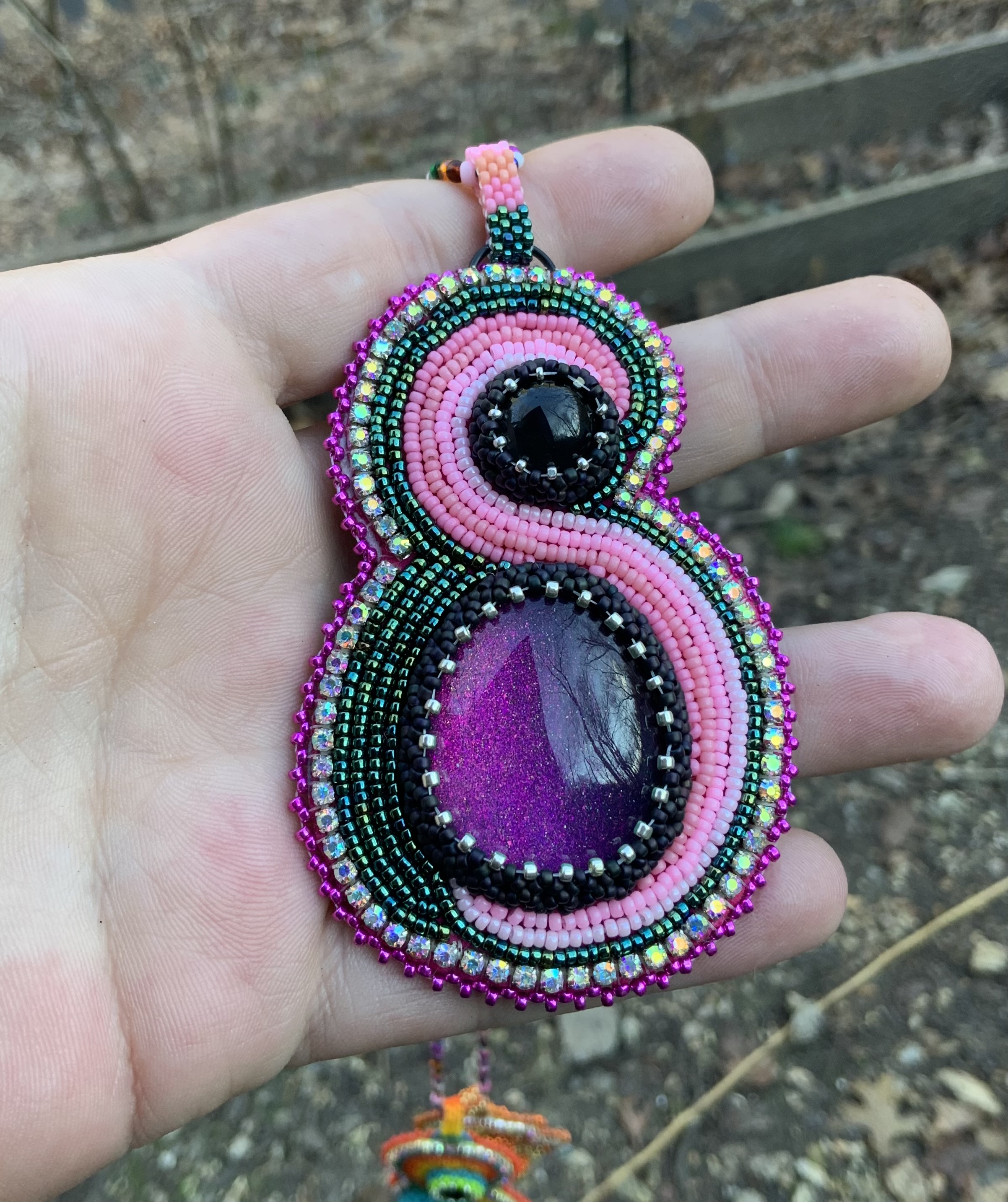 Purple swoop bead embroidered pendant
