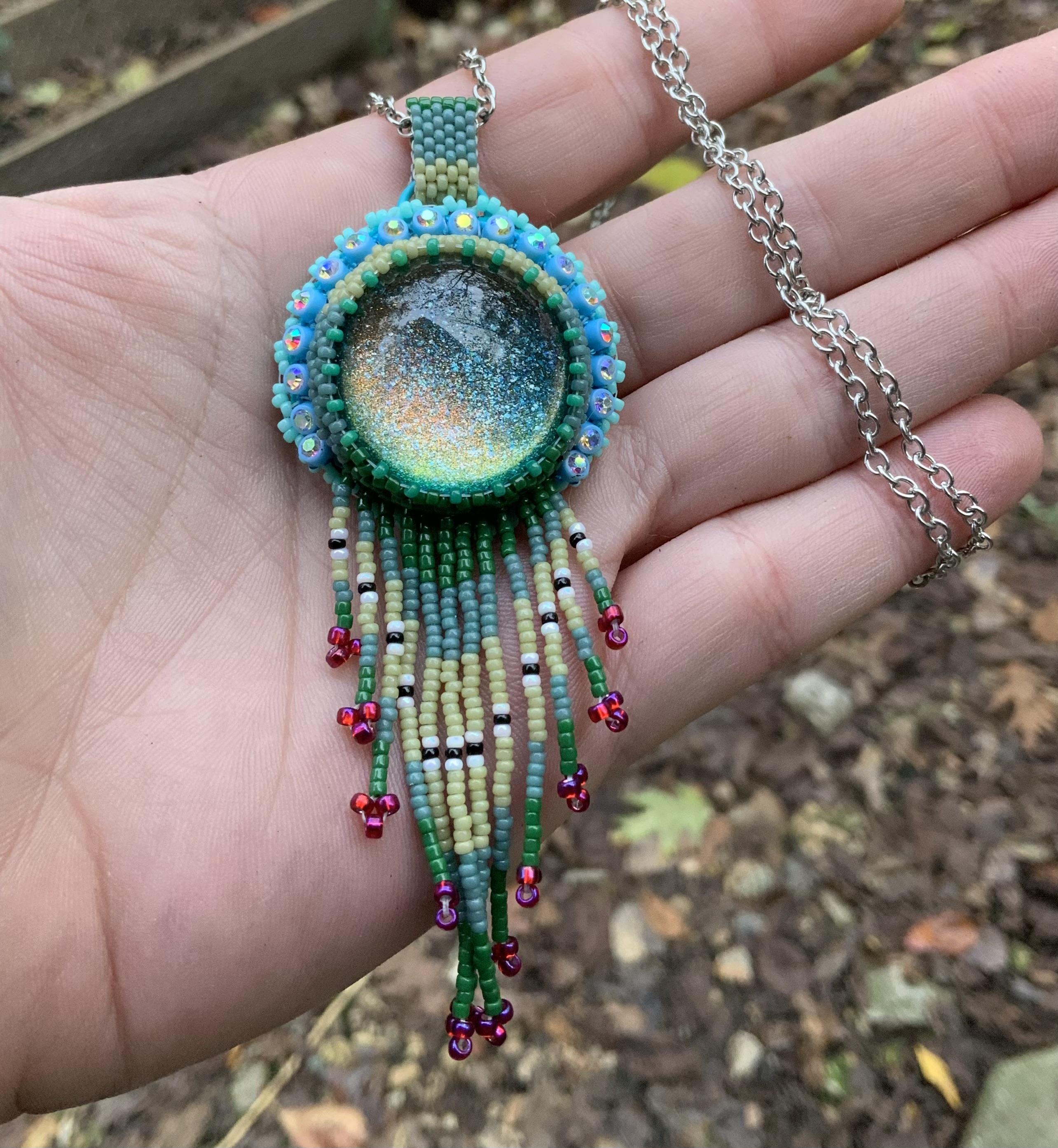Layered mosslands beaded pendant 