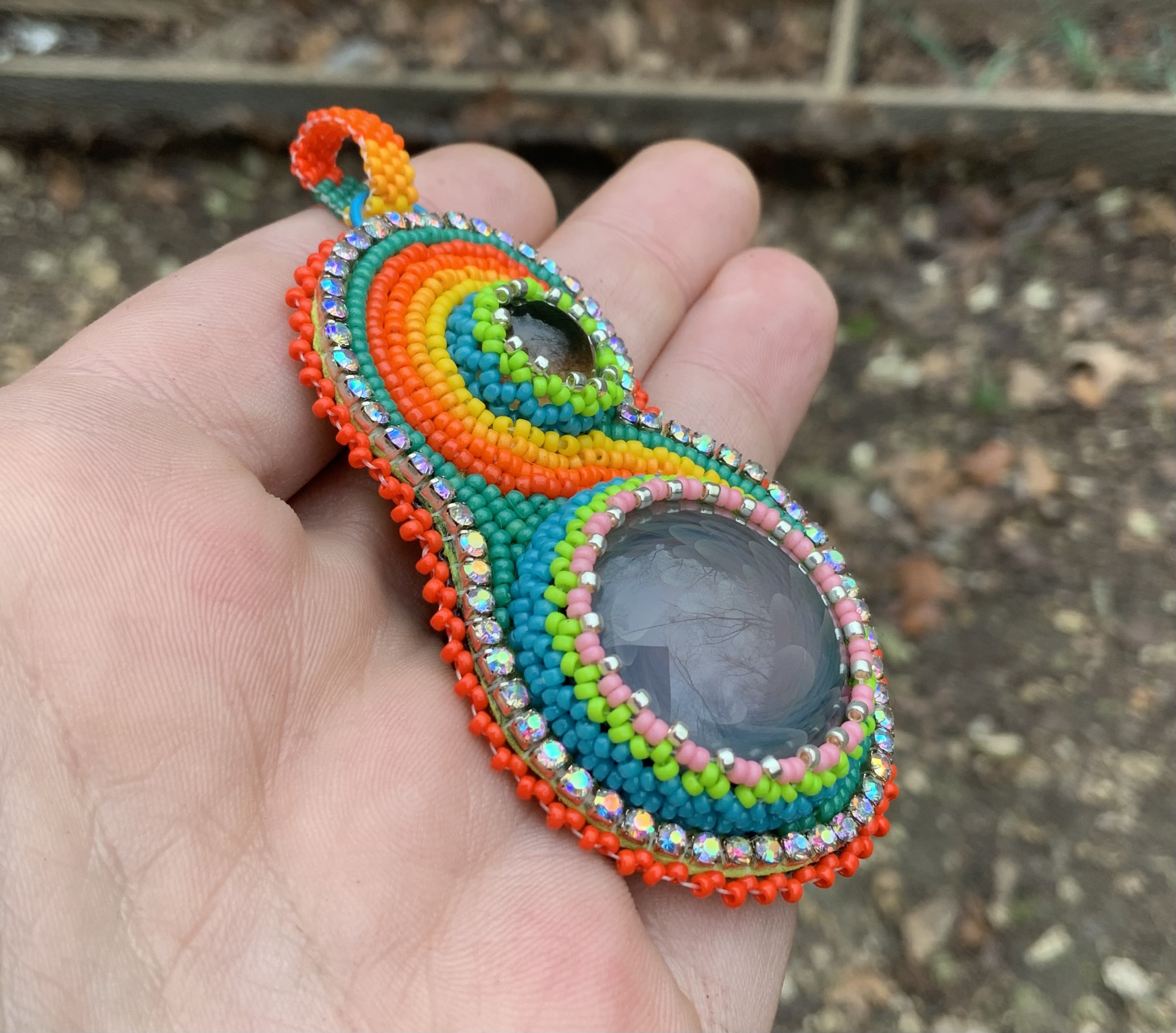 Sunslime bead embroidered pendant 