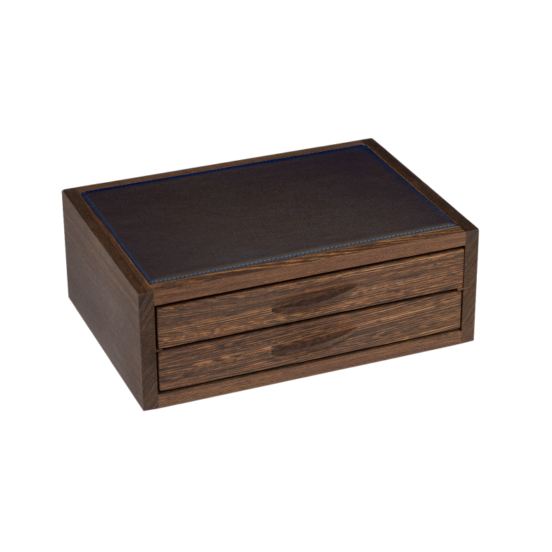 ATELIER DE LA FORÊT - Coffret 2 tiroirs - Bois de wengé et cuir de vachettes foulonnées