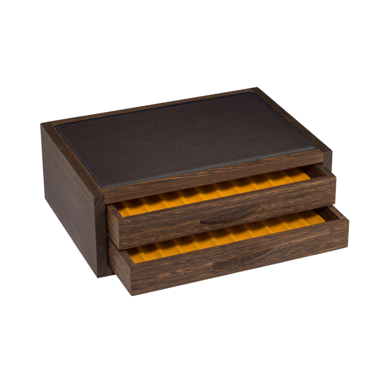 ATELIER DE LA FORÊT - Coffret 2 tiroirs - Bois de wengé et cuir de vachettes foulonnées