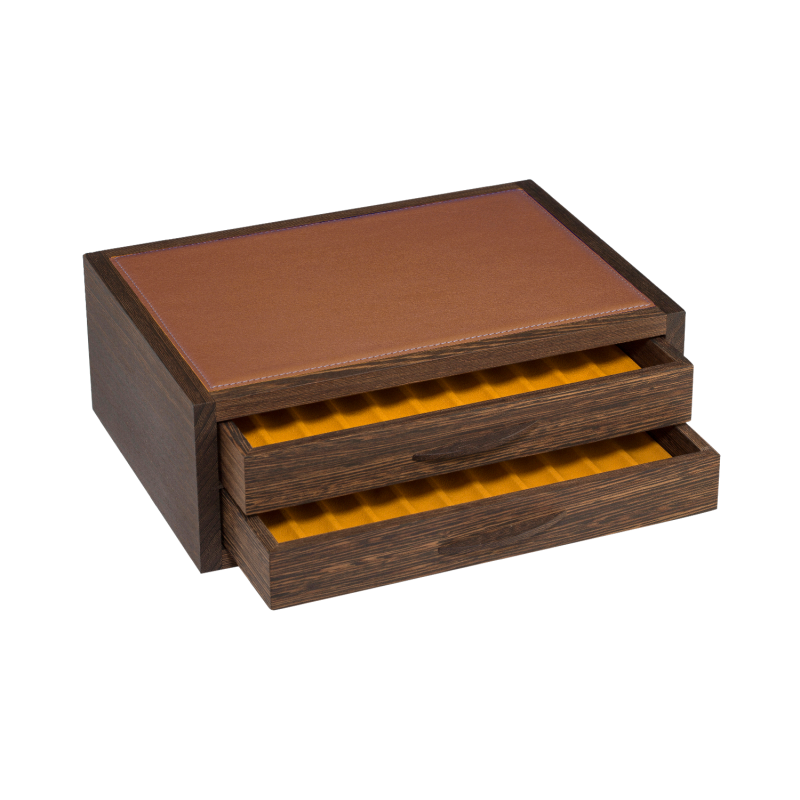 ATELIER DE LA FORÊT - Coffret 2 tiroirs - Bois de wengé et cuir de vachettes foulonnées