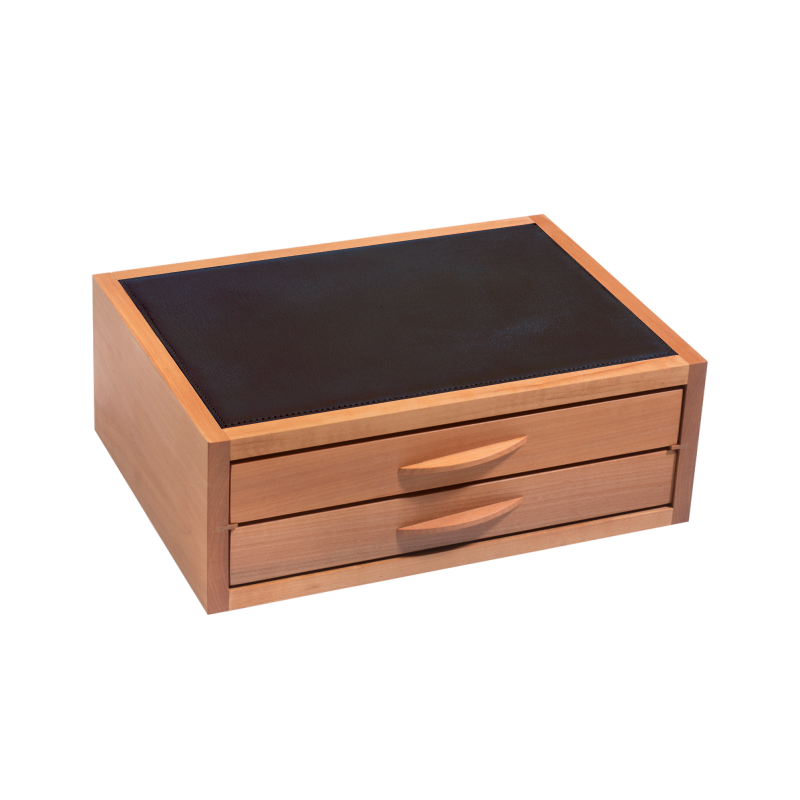 ATELIER DE LA FORÊT - Coffret 2 tiroirs - Bois d'alisier et cuir de vachettes foulonnées
