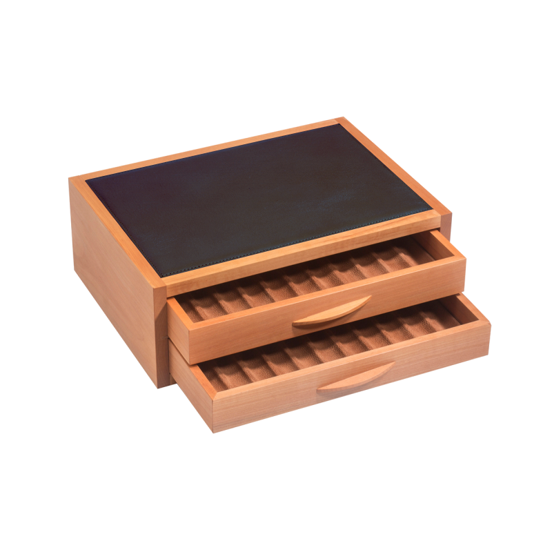 ATELIER DE LA FORÊT - Coffret 2 tiroirs - Bois d'alisier et cuir de vachettes foulonnées