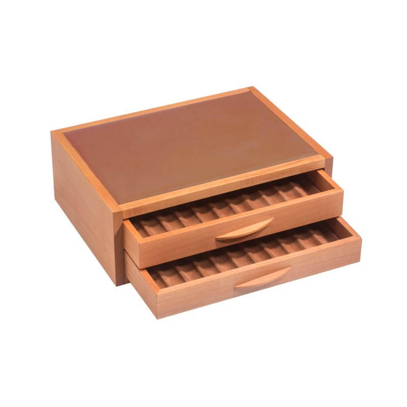ATELIER DE LA FORÊT - Coffret 2 tiroirs - Bois d'alisier et cuir de vachettes foulonnées