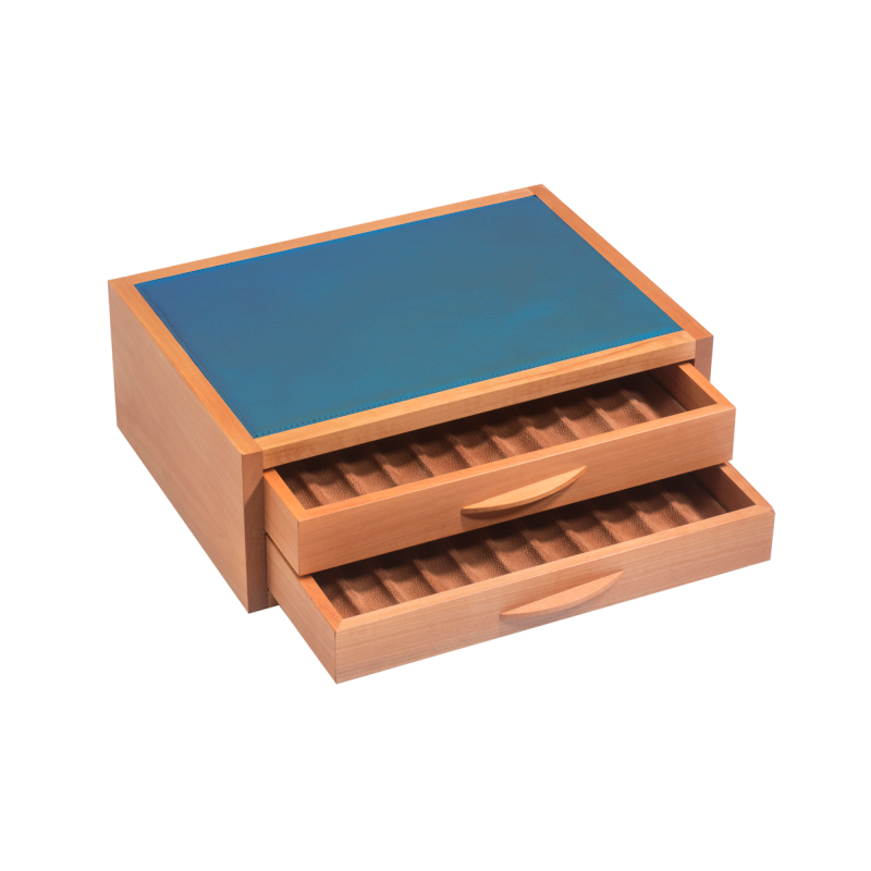 ATELIER DE LA FORÊT - Coffret 2 tiroirs - Bois d'alisier et cuir de vachettes foulonnées