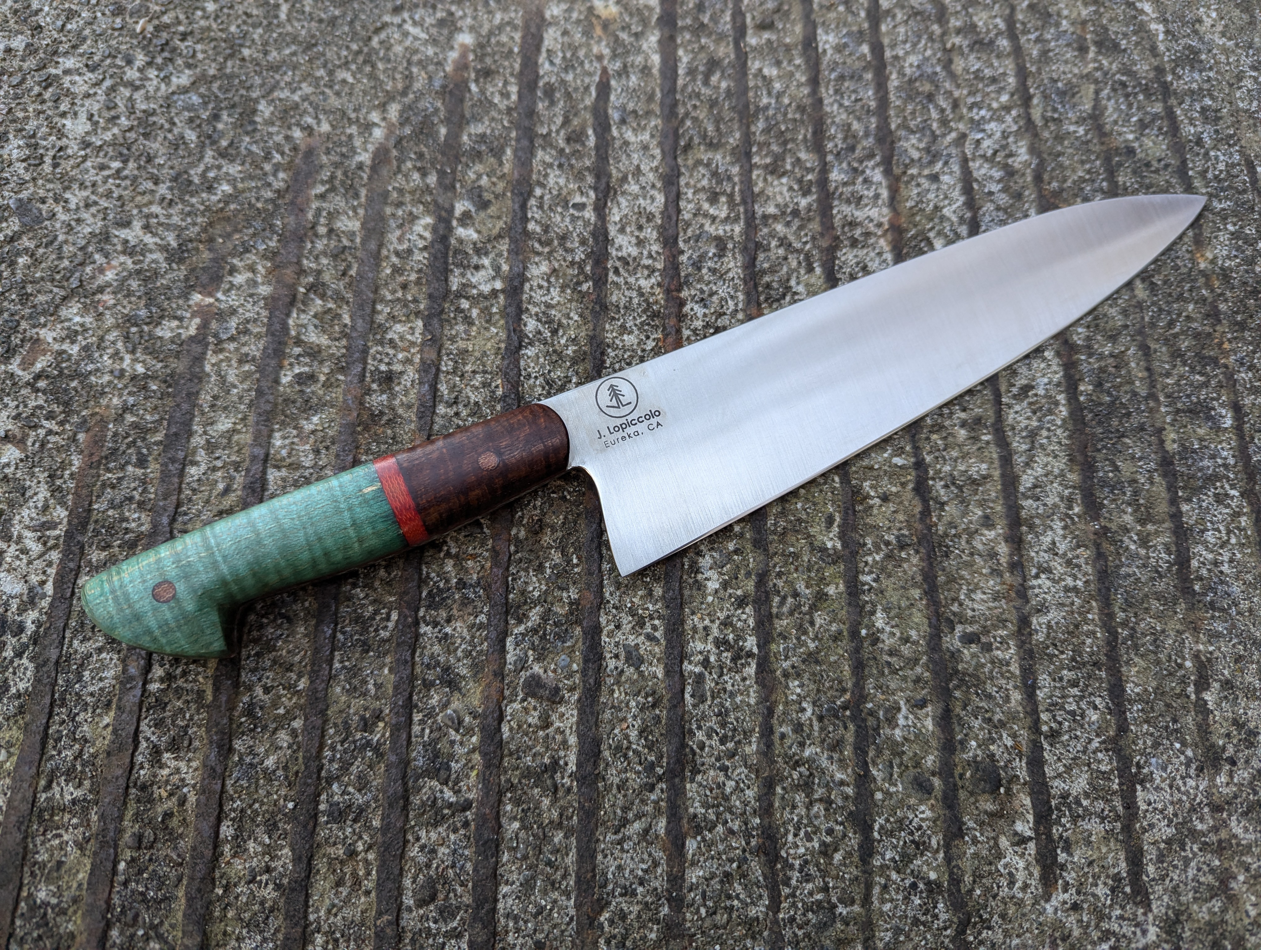 8.25" Chef's Knife with Teal-Dyed Maple and Ringed Gidgee Handle