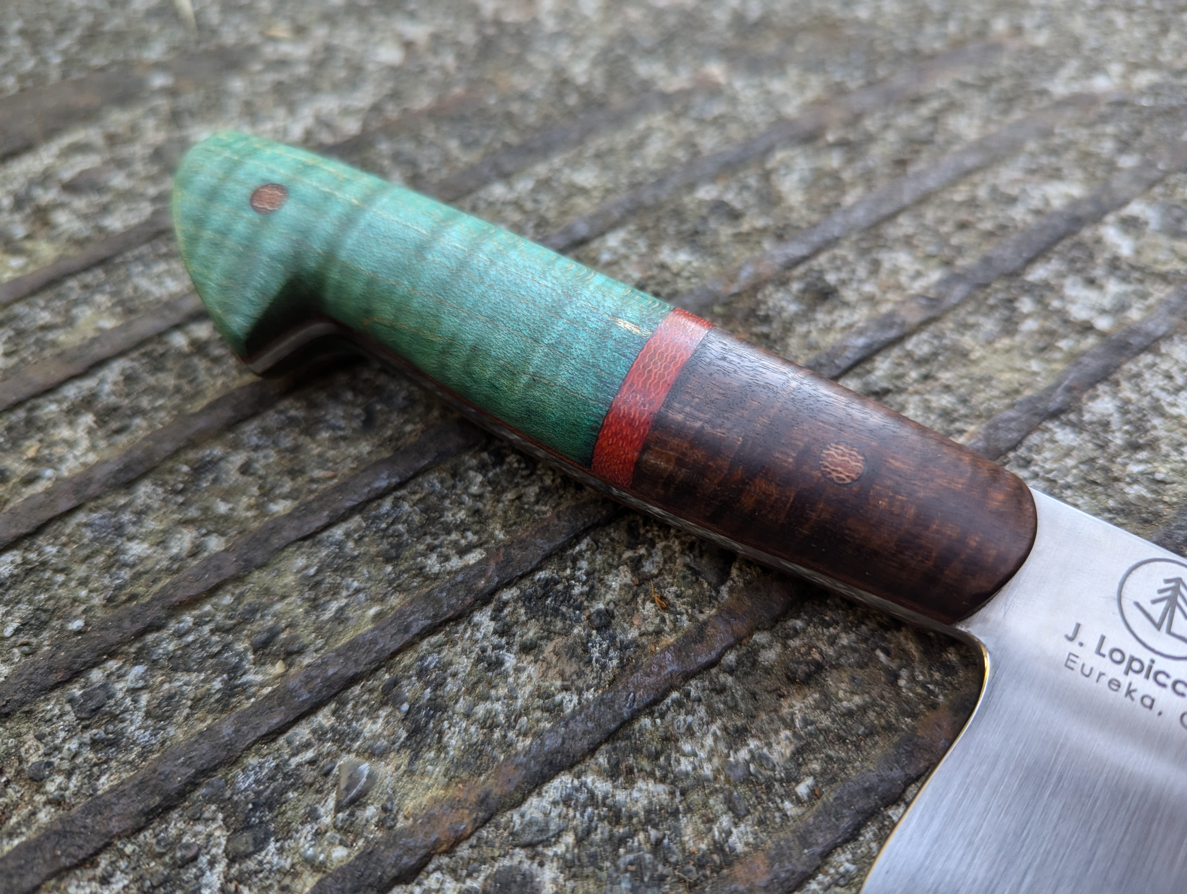 8.25" Chef's Knife with Teal-Dyed Maple and Ringed Gidgee Handle