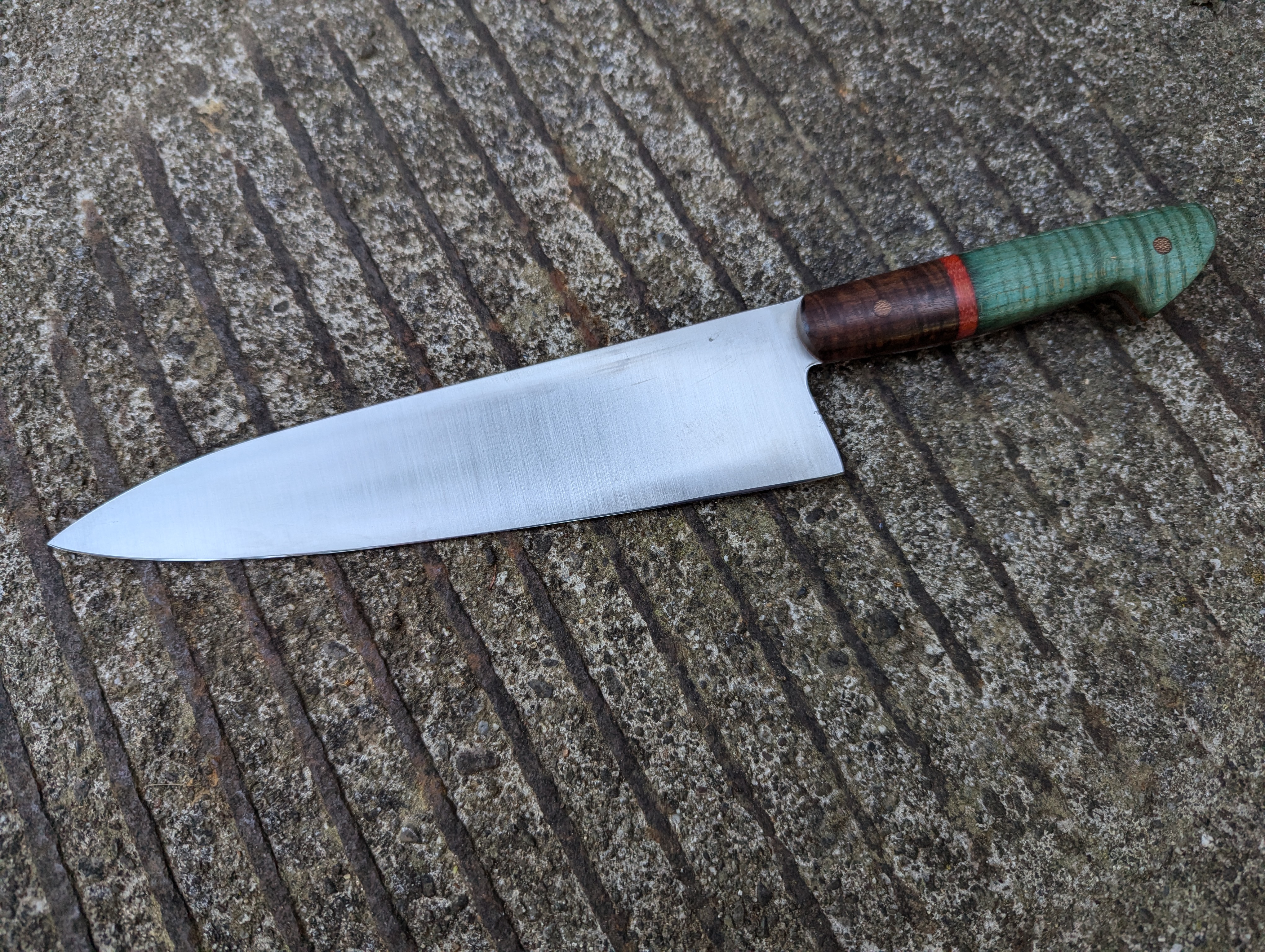 8.25" Chef's Knife with Teal-Dyed Maple and Ringed Gidgee Handle
