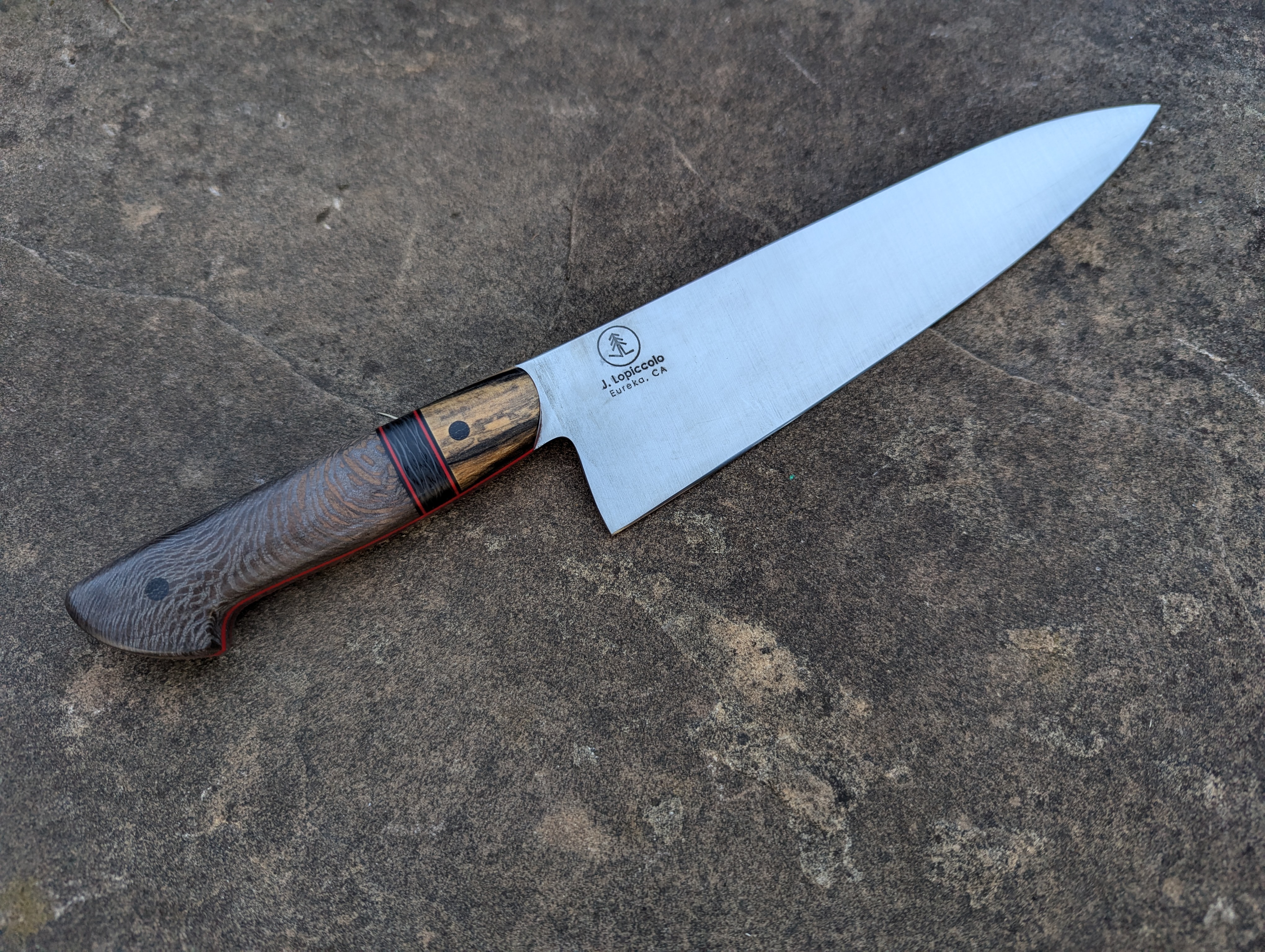 8.25" Chef's Knife with Black-Dyed Sycamore, Carbon Fiber, and Black and White Ebony Handle