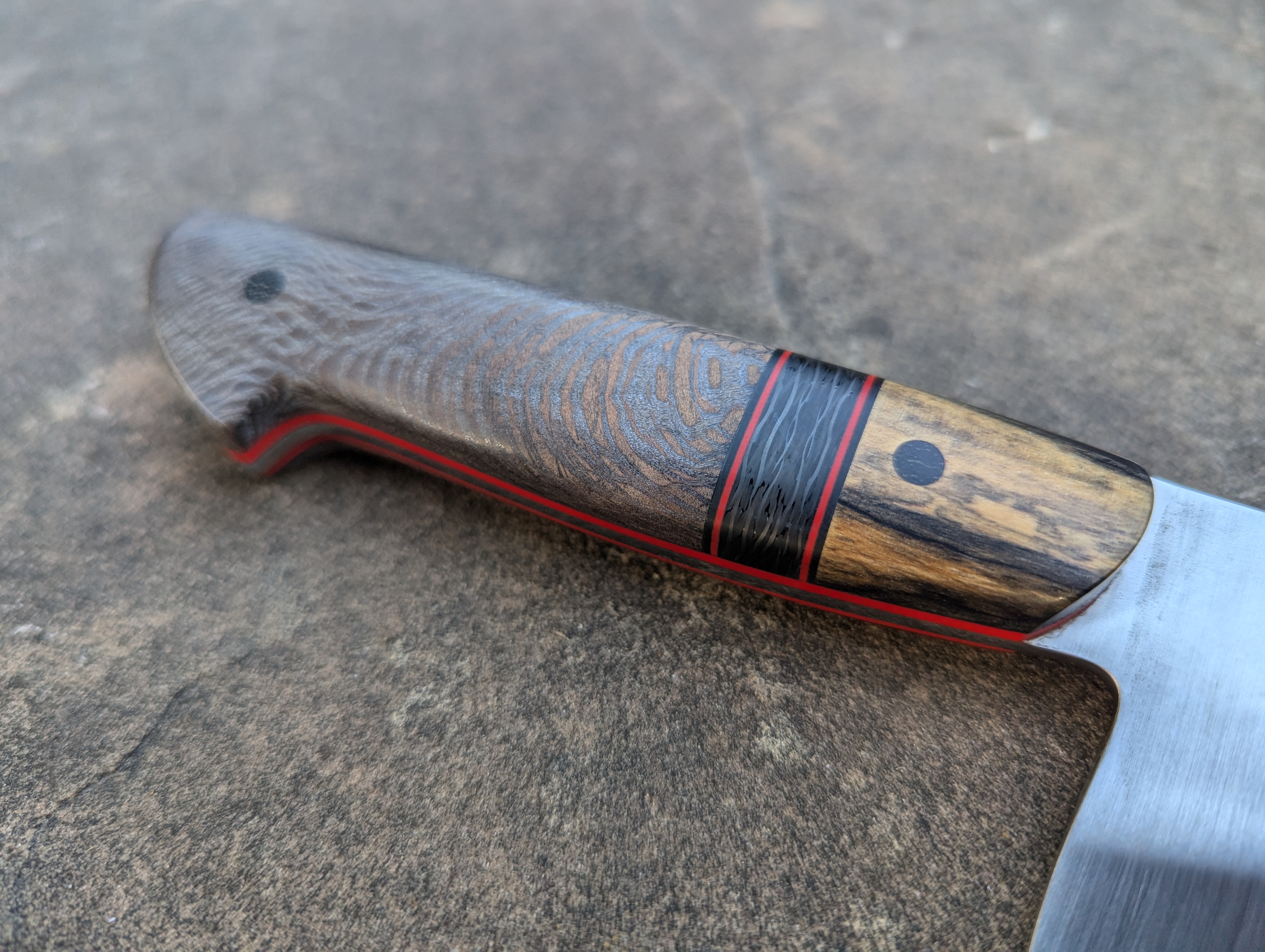 8.25" Chef's Knife with Black-Dyed Sycamore, Carbon Fiber, and Black and White Ebony Handle