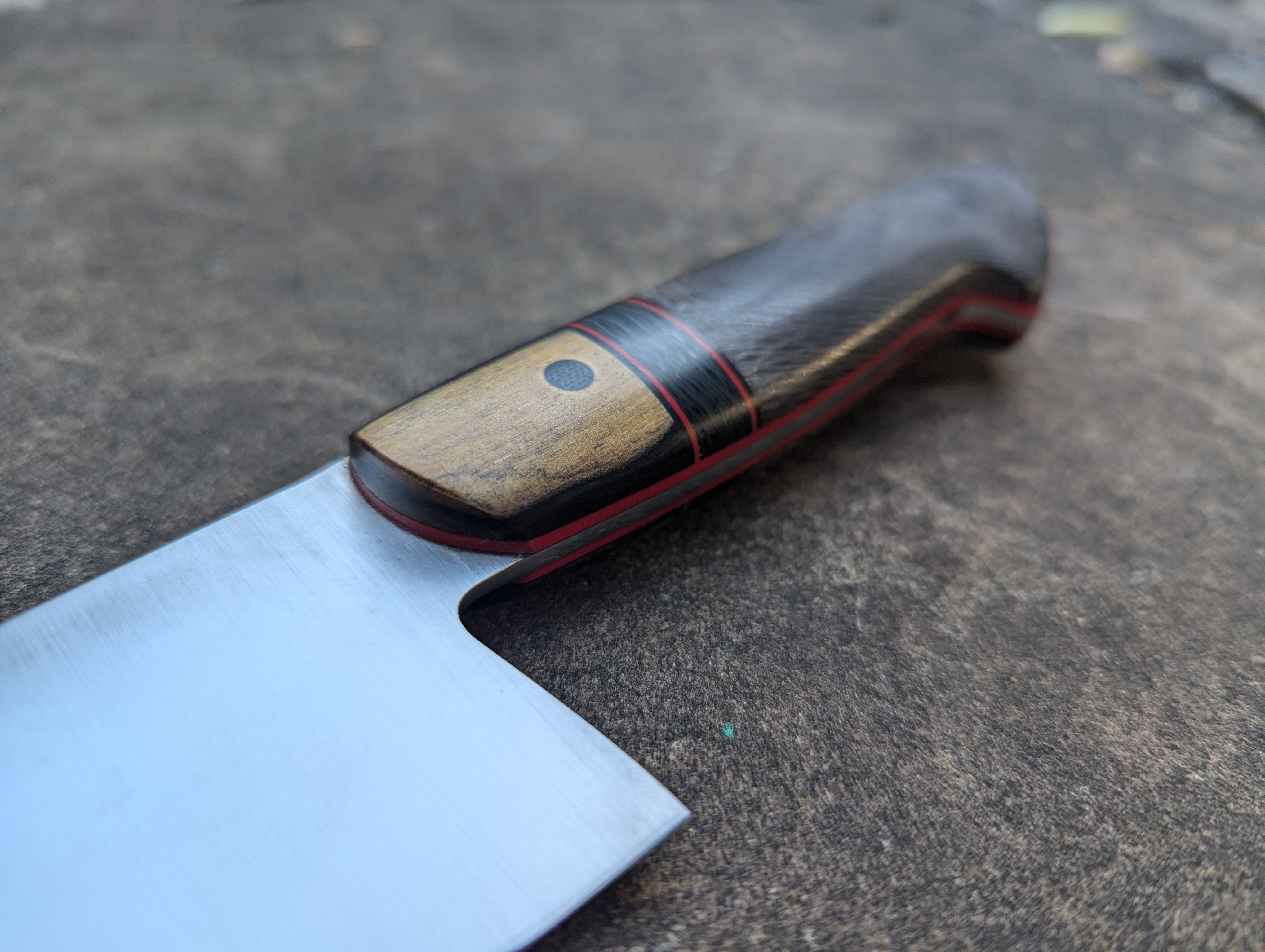 8.25" Chef's Knife with Black-Dyed Sycamore, Carbon Fiber, and Black and White Ebony Handle