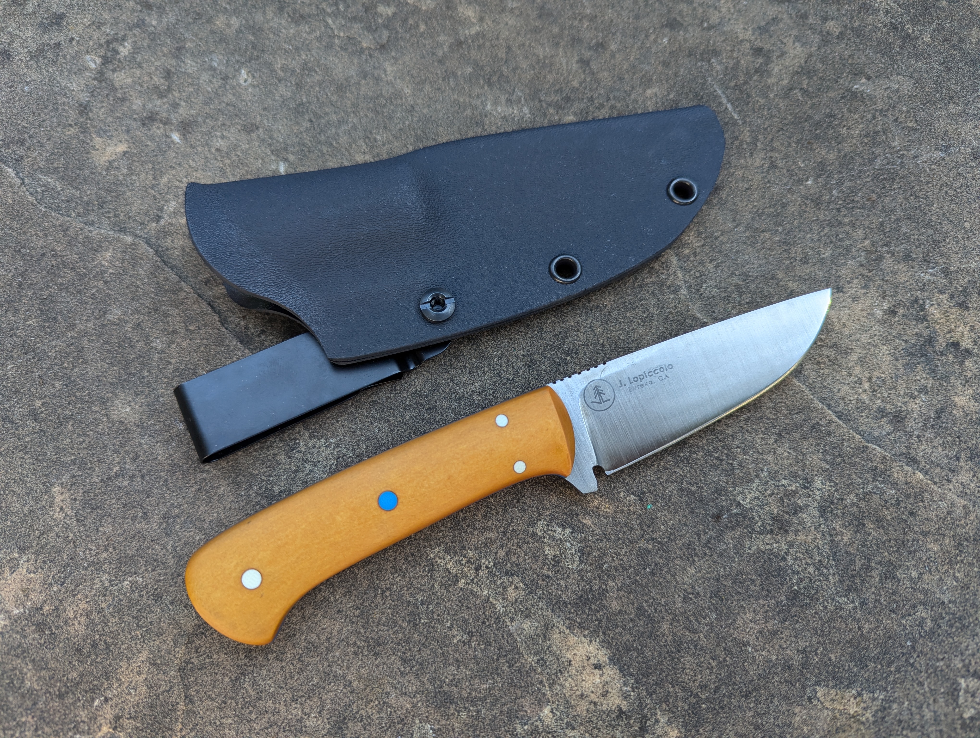 3.5" Drop Point Hunter with Vintage Paper Micarta Handle and Kydex Sheath