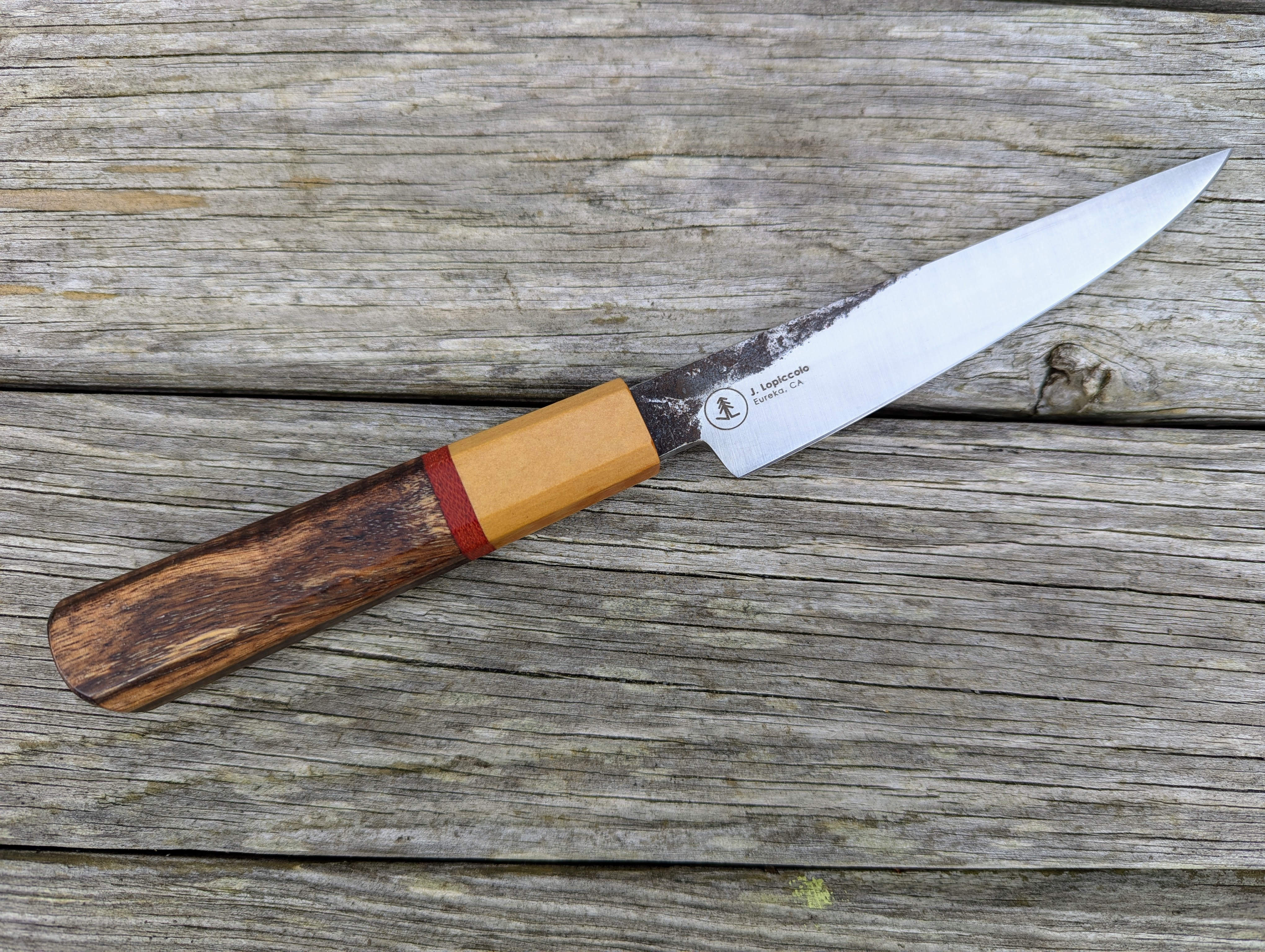 5.25" Forged AEB-L Petty Knife with Tasmanian Blackwood and Vintage Paper Micarta