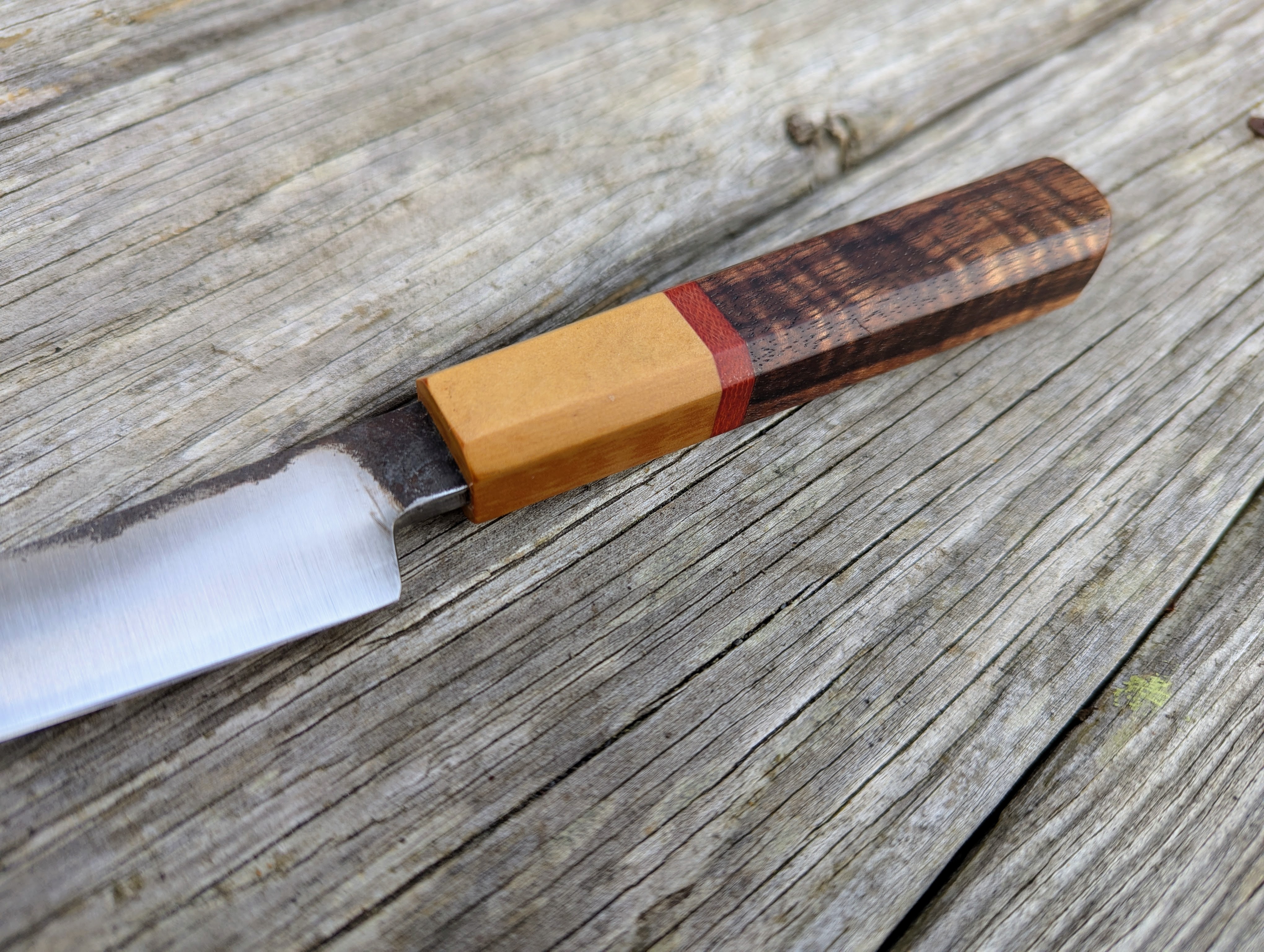 5.25" Forged AEB-L Petty Knife with Tasmanian Blackwood and Vintage Paper Micarta