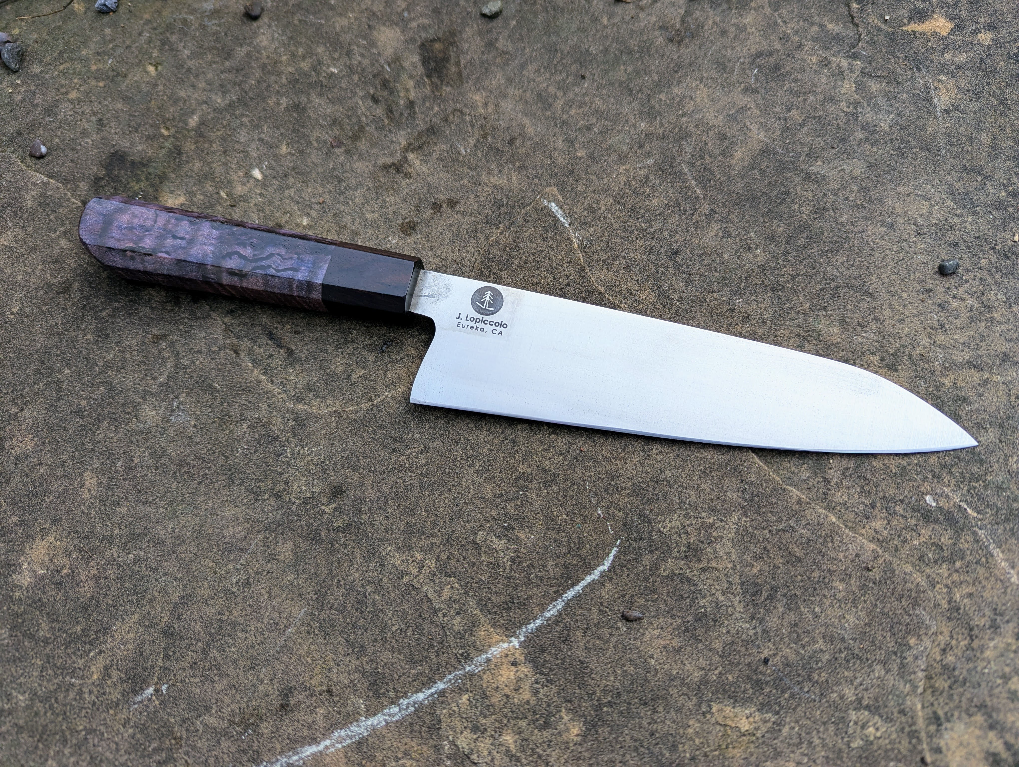 7.25" Chef's Knife with Purple-Dyed Spalted Curly Maple Handle and African Blackwood Bolster