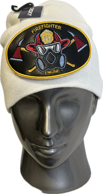FIREFIGHTER BLACK LEATHER OVAL SHIELD ON KNIT CAPS