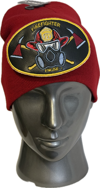 FIREFIGHTER BLACK LEATHER OVAL SHIELD ON KNIT CAPS