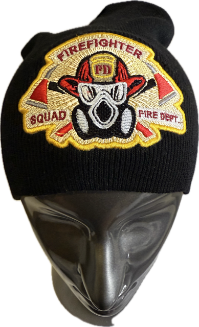 FIREFIGHTER MASK SHEILD on CREAM STITCH BACKGROUND:  KNIT CAP COLOR