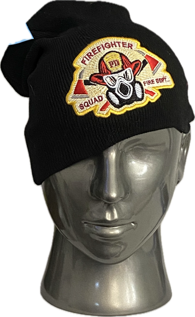FIREFIGHTER MASK SHEILD on CREAM STITCH BACKGROUND:  KNIT CAP COLOR