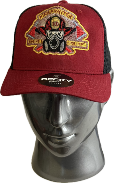 FIREFIGHTERS MASK SHIELD EMBLEM ON TRUCKER STYLE CAP