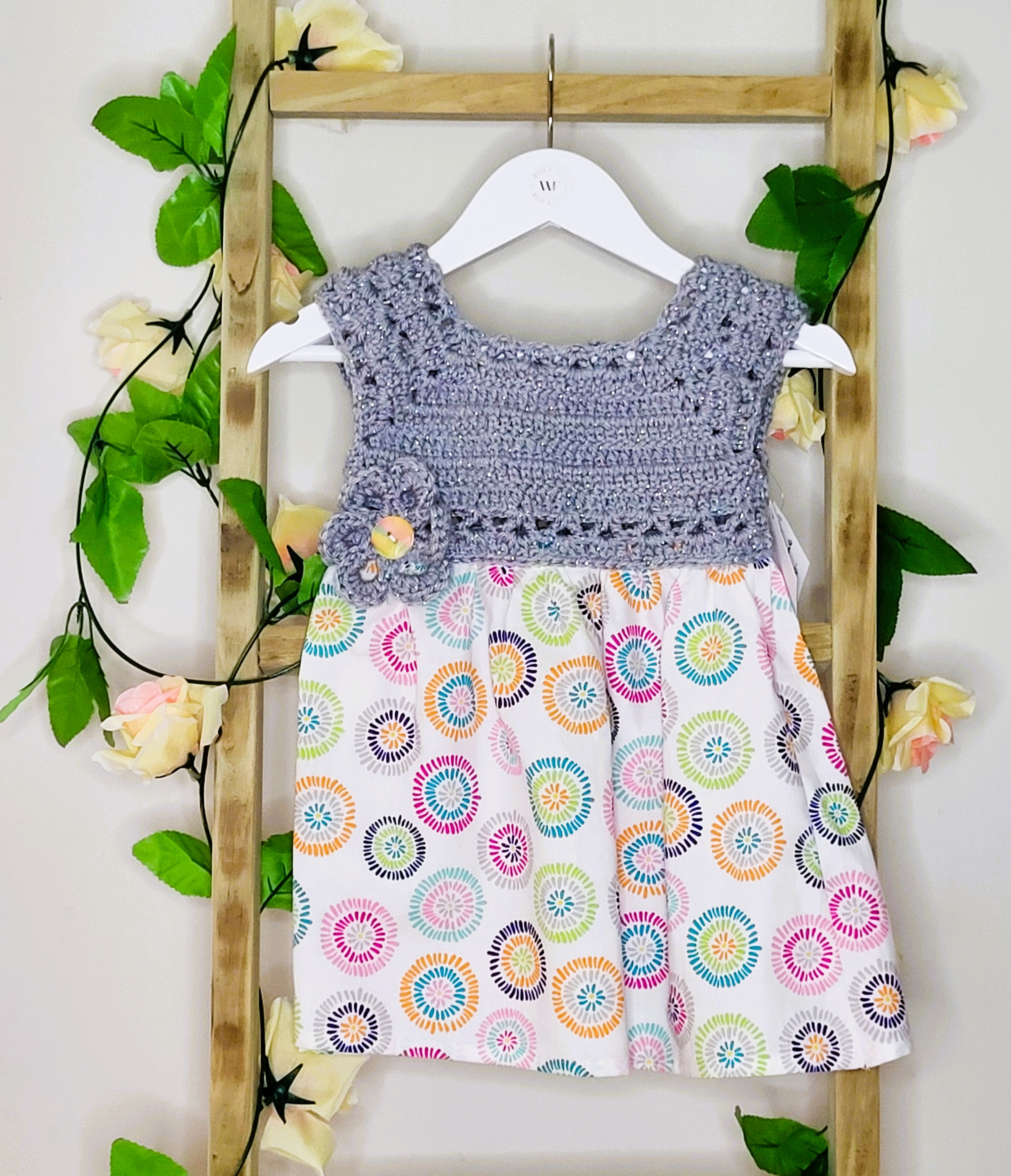 Gorgeous Crochet Dress Baby Grey with Colorful Flowers