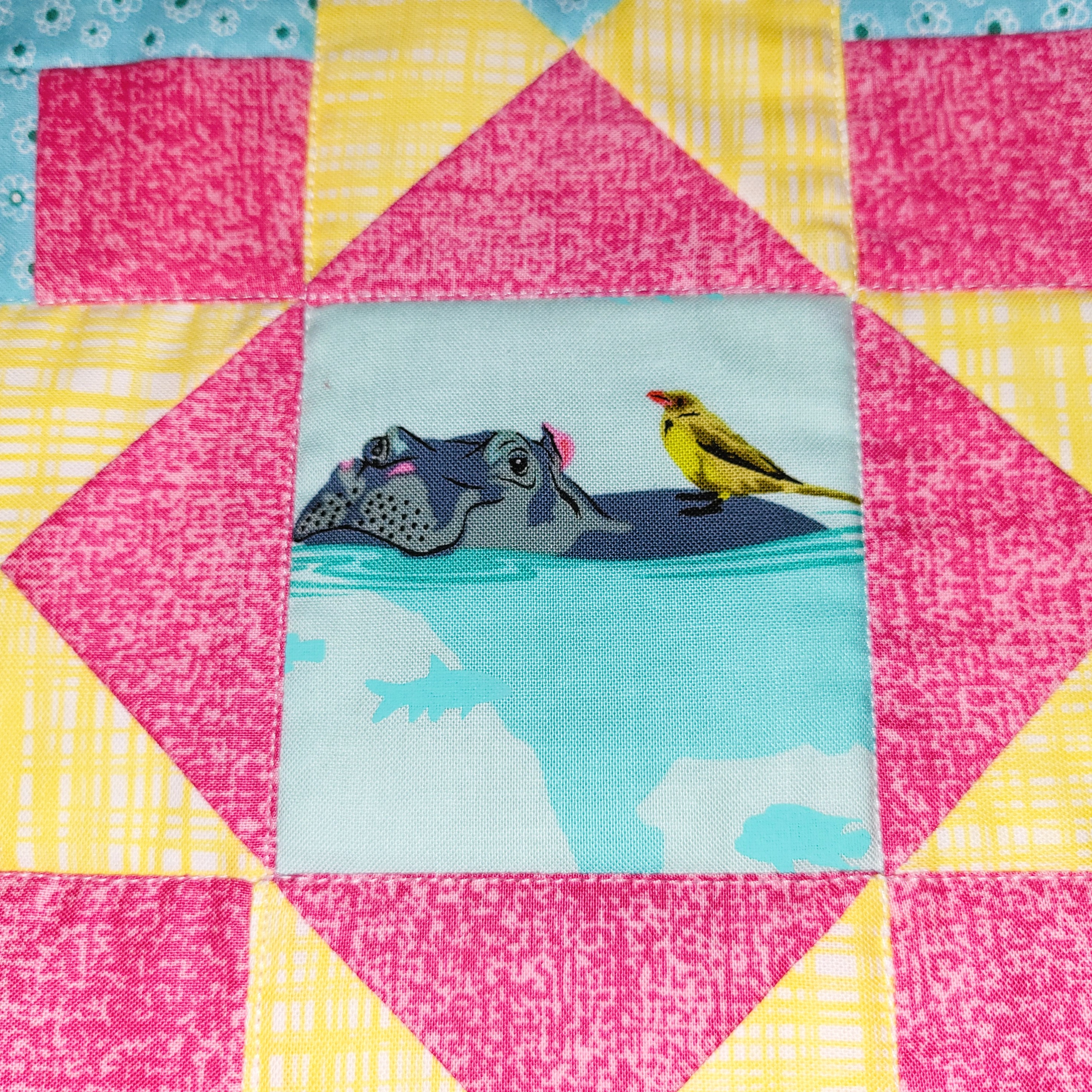 Best Friends Mug Rug using Tula Pink fabric Handmade Hippo Bird Pink Blue Yellow Pieced Quilted Embroidered