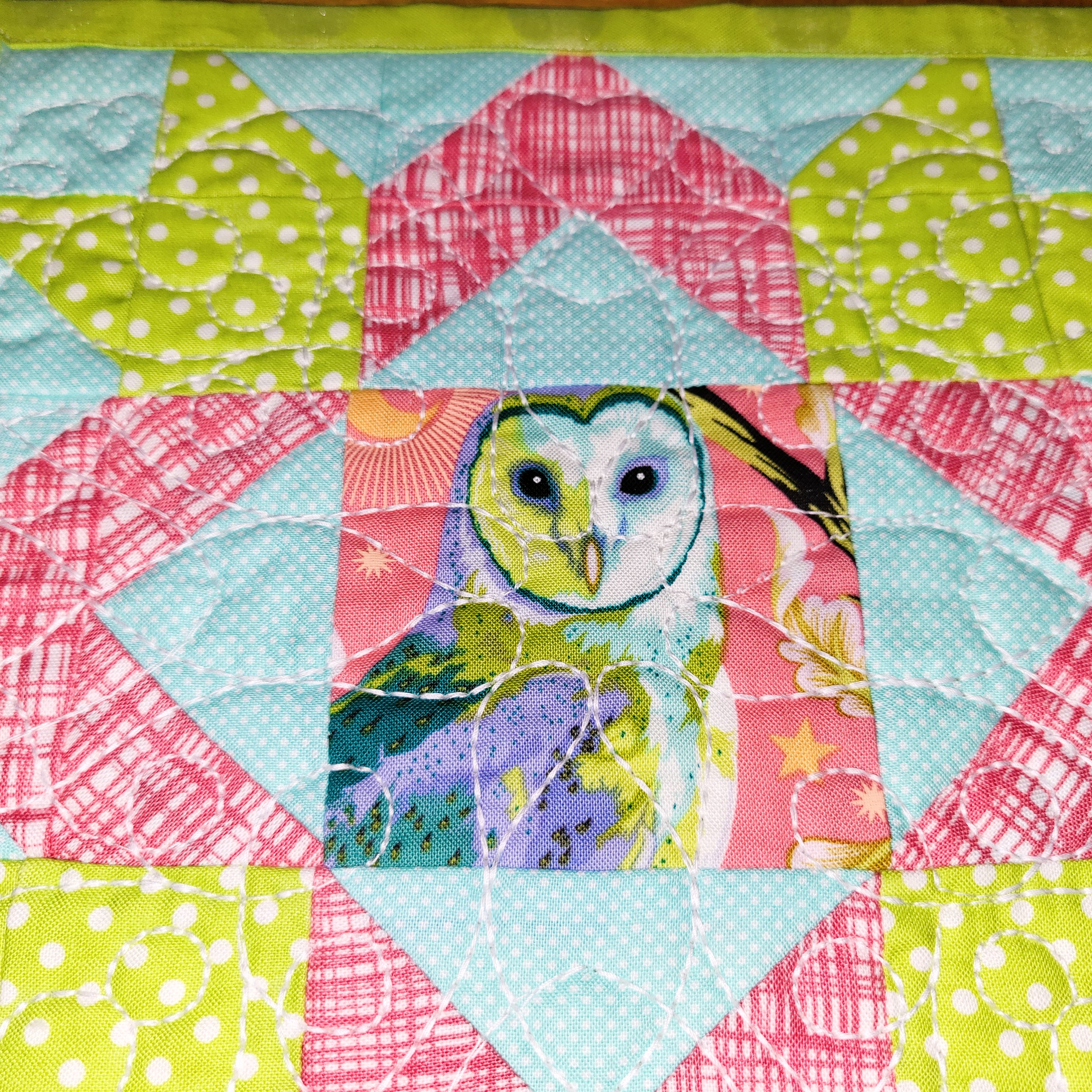 Owl Mug Rug using Tula Pink fabric Handmade Green Pink Blue Pieced Quilted Embroidered