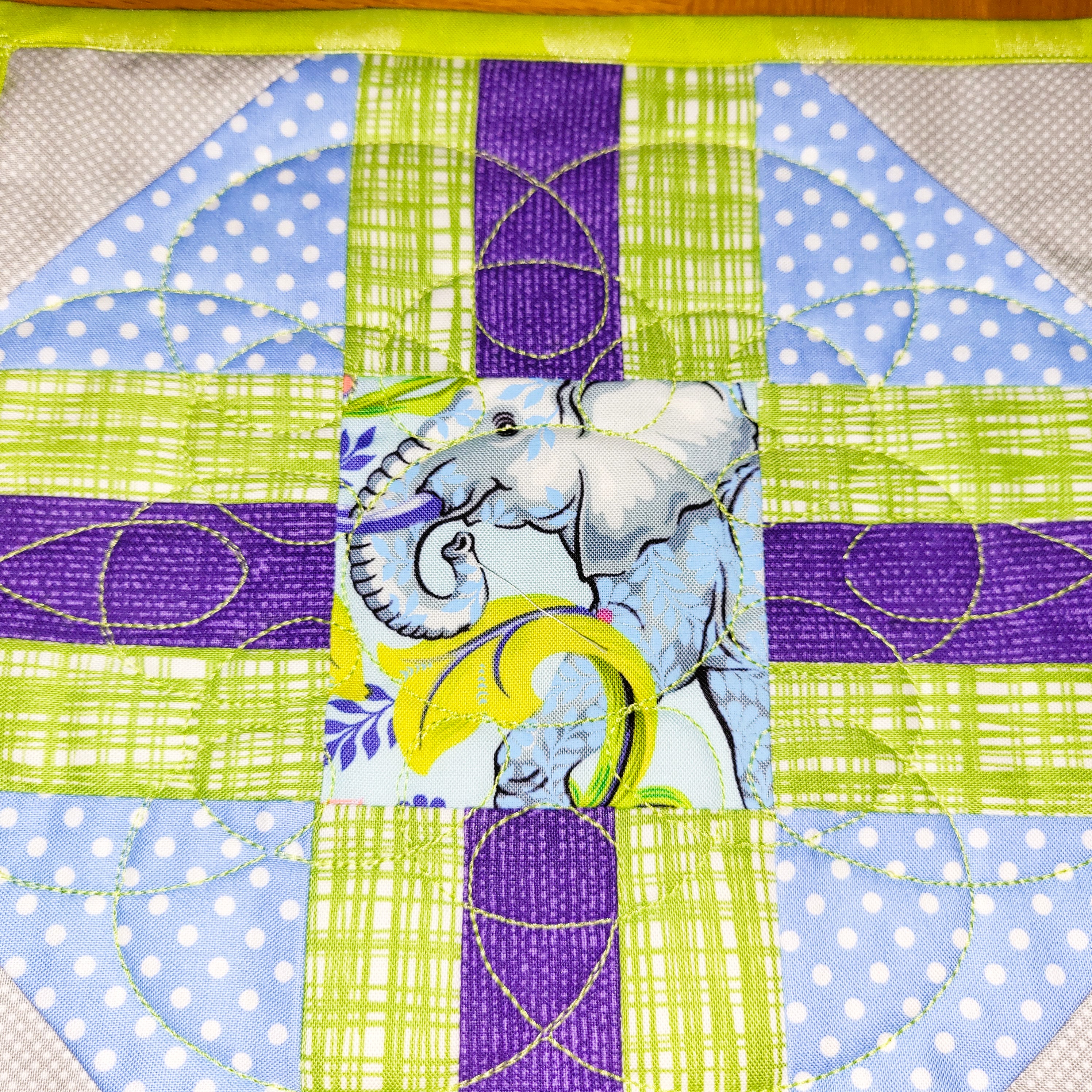 Elephant Mug Rug using Tula Pink fabric Handmade Green Purple Blue Gray Pieced Quilted Embroidered Elephantastic
