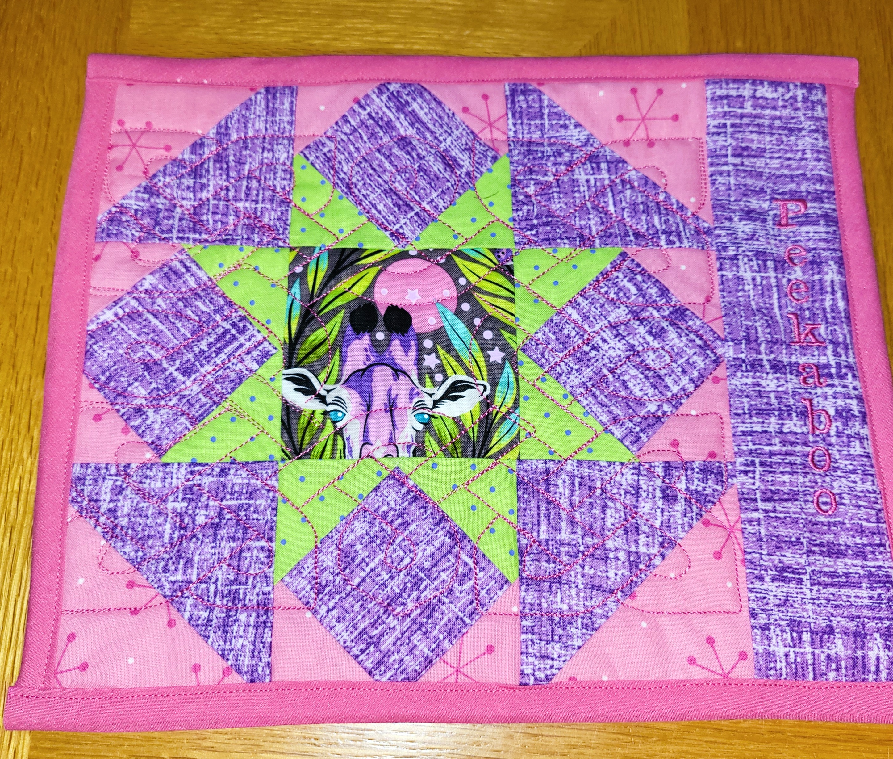 Giraffe Mug Rug using Tula Pink fabric Handmade Green Pink Purple Pieced Quilted Embroidered Peekaboo