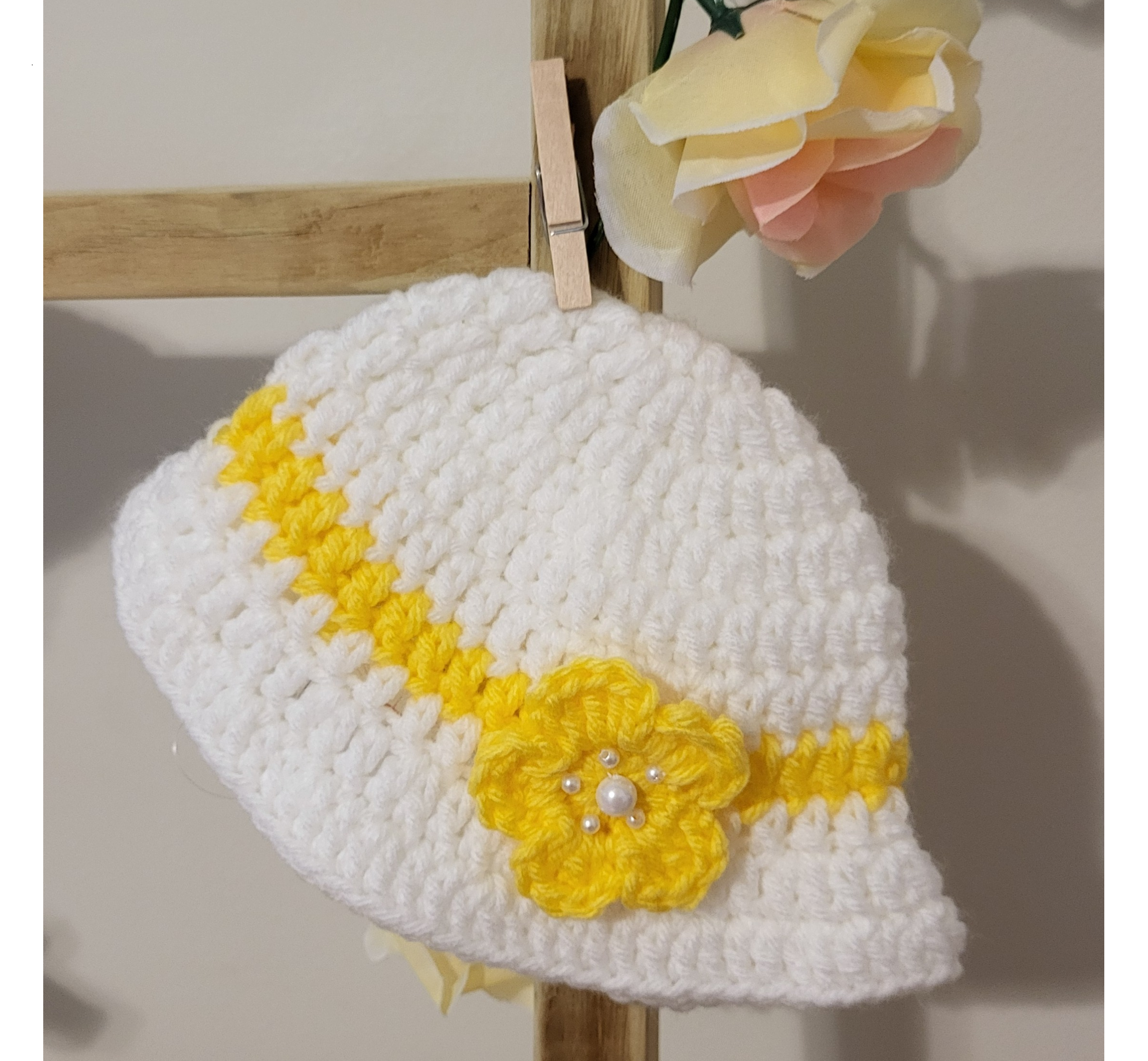 Newborn Baby Crochet Handmade Summer Hat White Yellow