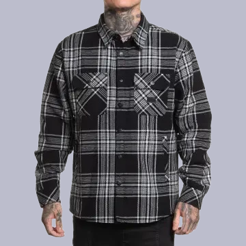 Turnstile Shacket – Black & White Plaid Flannel with Skull Artwork