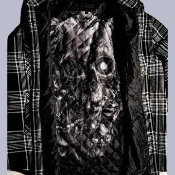 Turnstile Shacket – Black & White Plaid Flannel with Skull Artwork