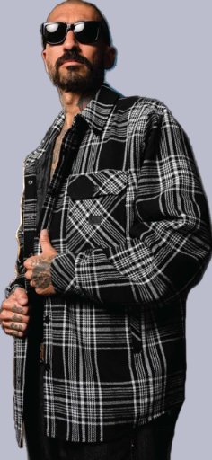 Turnstile Shacket – Black & White Plaid Flannel with Skull Artwork