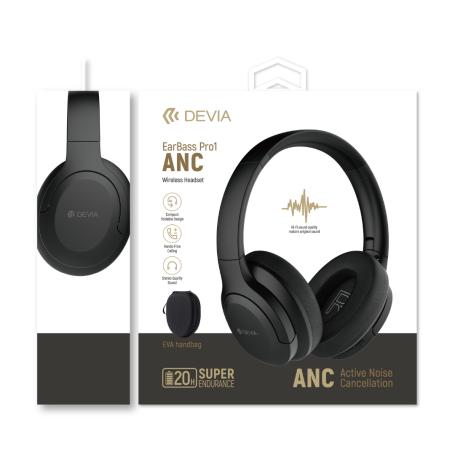 Casque Sans Fil EarBass Pro 1 20H avec Sac de rangement - Devia - Noir