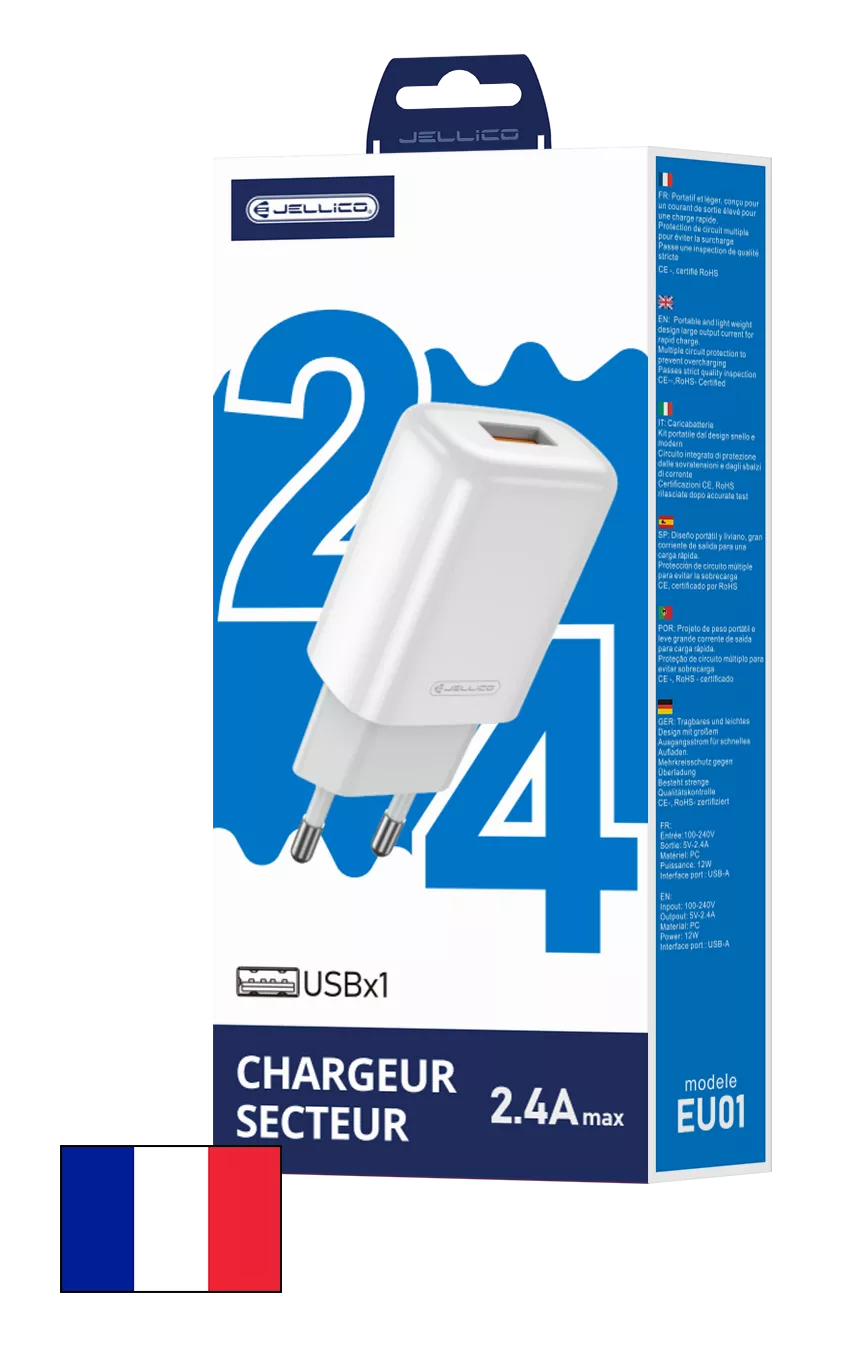  JELLICO Adaptateur secteur USB (2.4 A) JELLICO EU01 (Boite/blister)