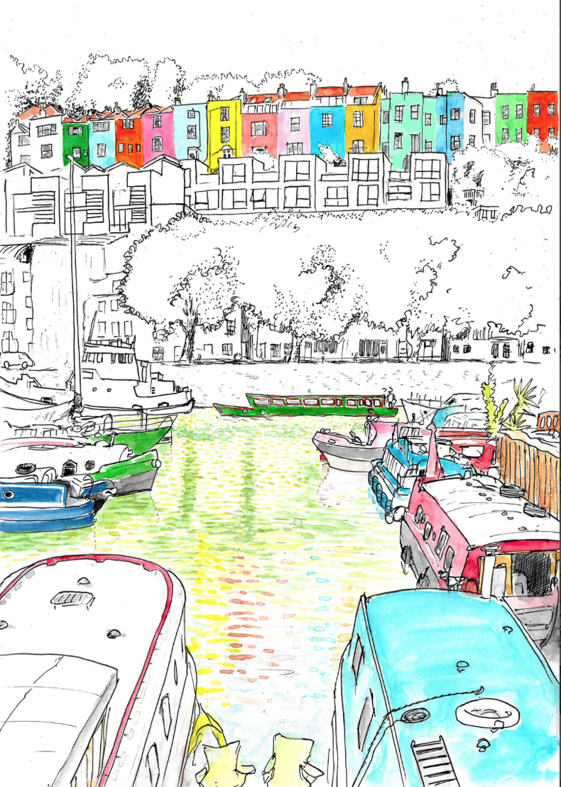 Coloured Houses Bristol, B/W and colour version