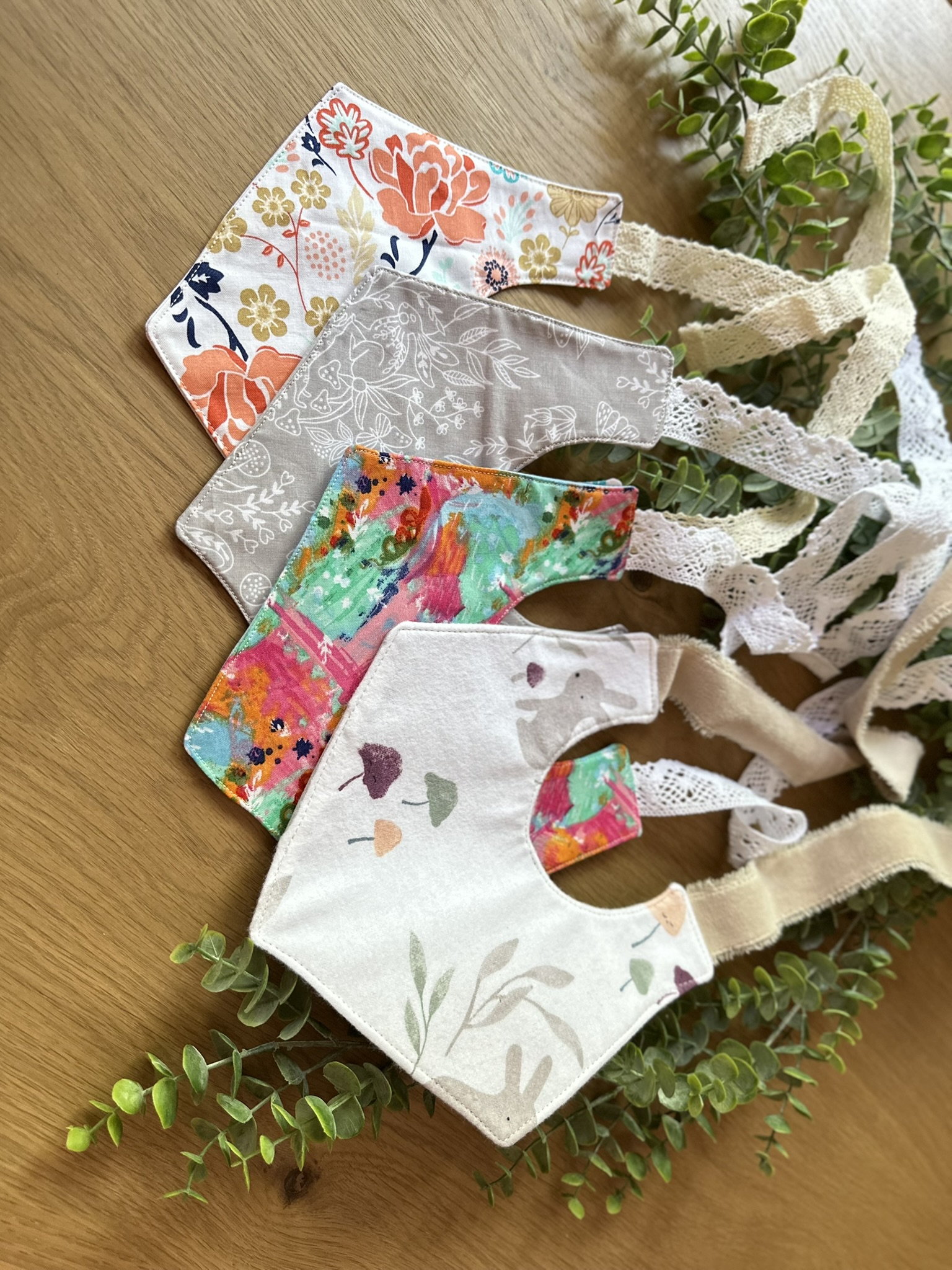 Handmade 100% Cotton/ Fleece Reversible Sewn Girly Lace Tie Bib for 0-12 months | Ready to Ship |