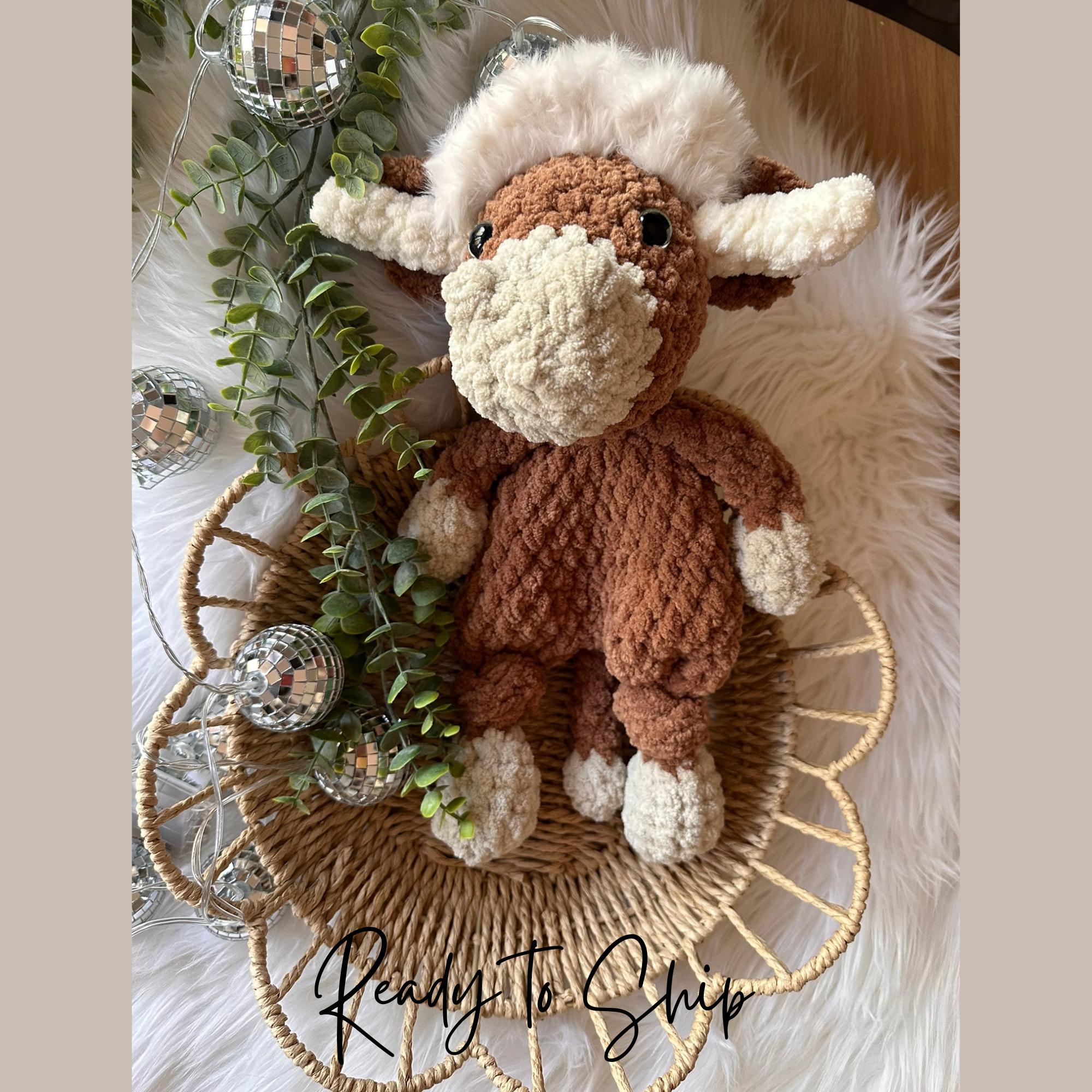 Ready to Ship Crochet Handmade Highland Cow with Fuzzy Hair Snuggler |  Farm Nursery Decor Gift