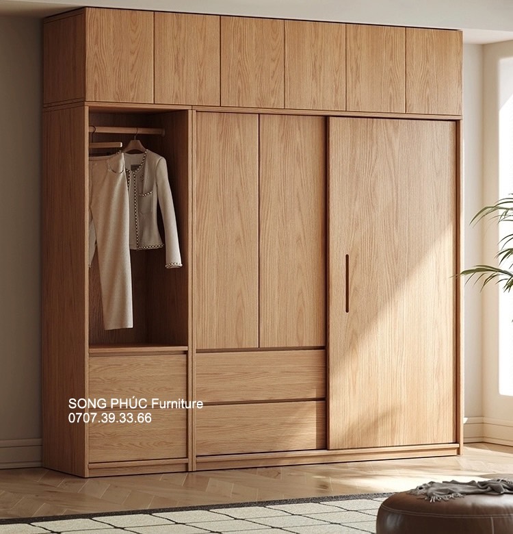 Tủ Quần Áo Cửa Lùa Gỗ Tự Nhiên Đẹp, Nhiều Ngăn Tiện Ích SP-505 (3400k/m2)