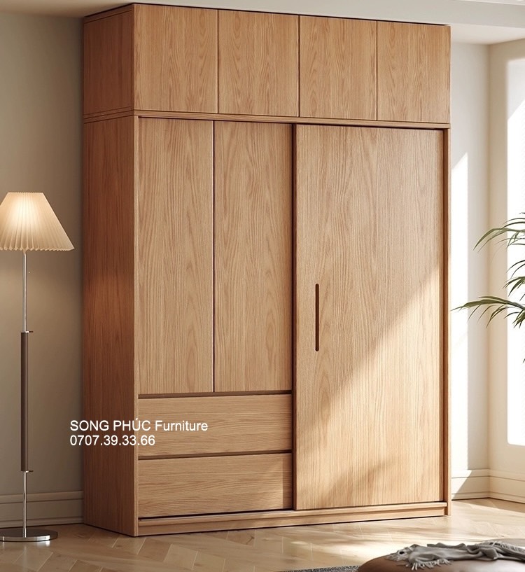 Tủ  Quần Áo Cửa Lùa Gỗ Tự Nhiên Đẹp, Nhiều Ngăn Tiện Ích SP-505 (3400k/m2)