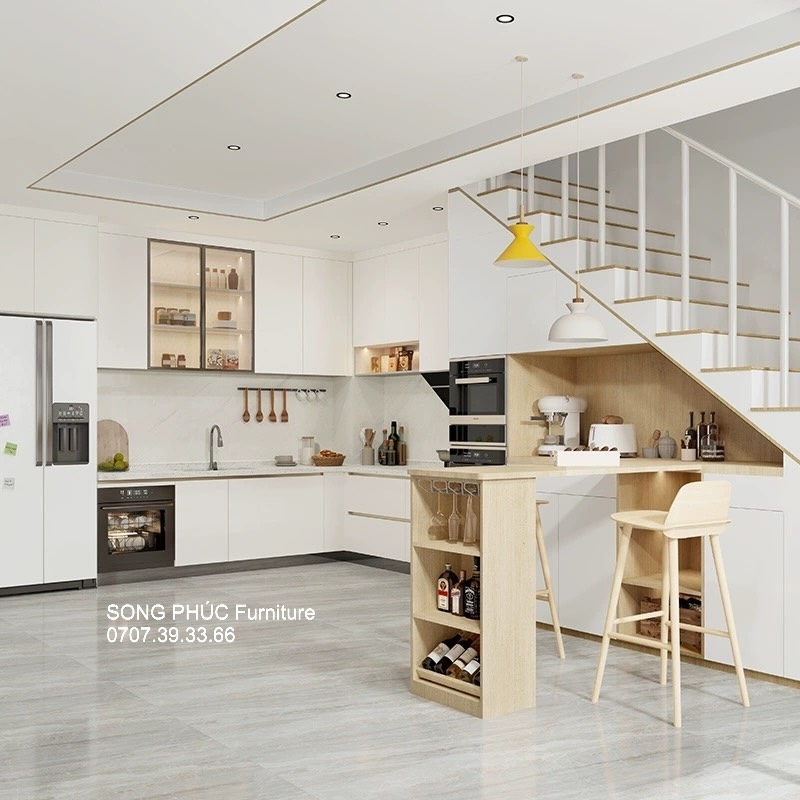 Tủ Bếp Gỗ Công Nghiệp Màu Trắng Hiện Đại SP-702
