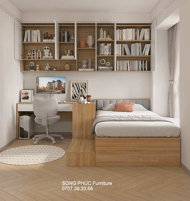 Giường Ngủ Kết Hợp Bàn Làm Việc Gỗ Công Nghiệp Đẹp, Tiện Ích SP-604