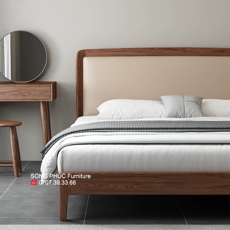 Giường Gỗ Sồi Bọc Nệm Đẹp Hiện Đại SP-310