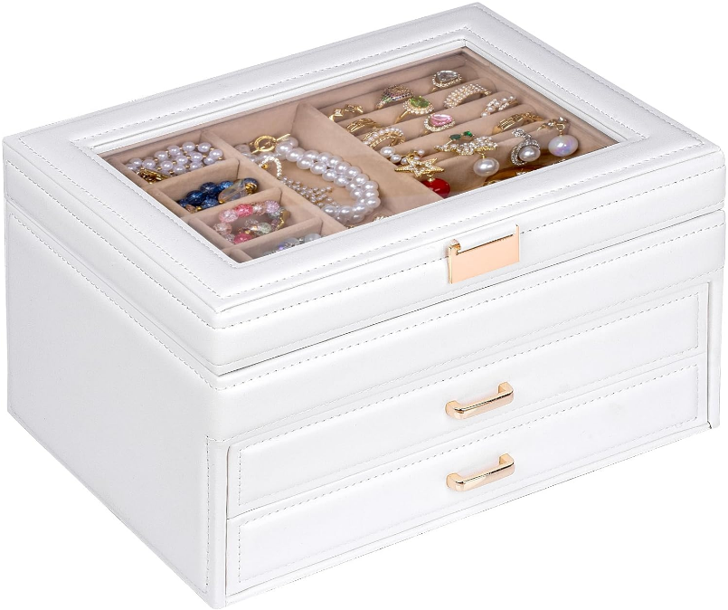 3 Layer Jewelry Box, Jewelry Boxes & Organizers, Jewelry Holder Organizer With Glass Lid, Jewelry Organizer for Big and Small Jewelry, Earring Organizer, 2 Drawers Jewelry Boxes for Women