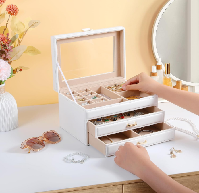 3 Layer Jewelry Box, Jewelry Boxes & Organizers, Jewelry Holder Organizer With Glass Lid, Jewelry Organizer for Big and Small Jewelry, Earring Organizer, 2 Drawers Jewelry Boxes for Women