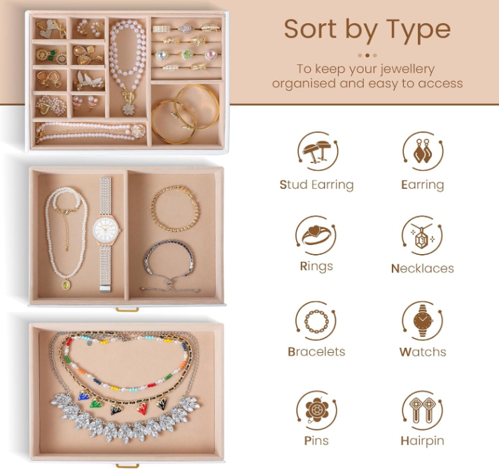 3 Layer Jewelry Box, Jewelry Boxes & Organizers, Jewelry Holder Organizer With Glass Lid, Jewelry Organizer for Big and Small Jewelry, Earring Organizer, 2 Drawers Jewelry Boxes for Women