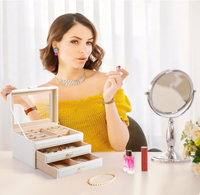3 Layer Jewelry Box, Jewelry Boxes & Organizers, Jewelry Holder Organizer With Glass Lid, Jewelry Organizer for Big and Small Jewelry, Earring Organizer, 2 Drawers Jewelry Boxes for Women
